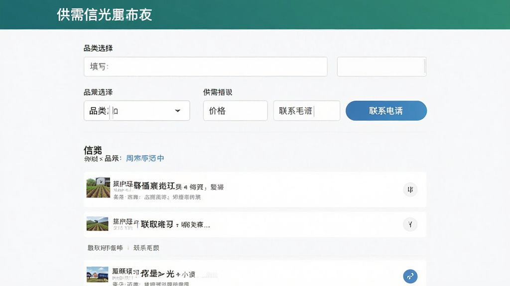 主体为农垦之光应用中的供需信息发布页面,布局为表单加列表的组合,排版为上方填写框下方信息流,风格为商务实用风,细节包括品类选择器、价格输入框、联系电话按钮,画质高清,干净,无多余元素
