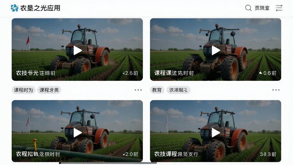 主体为农垦之光应用中的农技学堂页面,布局为视频课程封面网格排列,排版为两列网格,风格为现代教育类应用界面,细节包括播放按钮、课程时长标注、分类标签,画质高清,干净,无多余元素