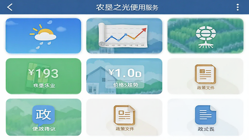 主体为农垦之光应用中的便民服务页面,布局为九宫格图标排列,排版为三行三列,风格为简约工具类界面,细节包括天气图标、价格走势小图、政策文件图标,画质高清,干净,无多余元素