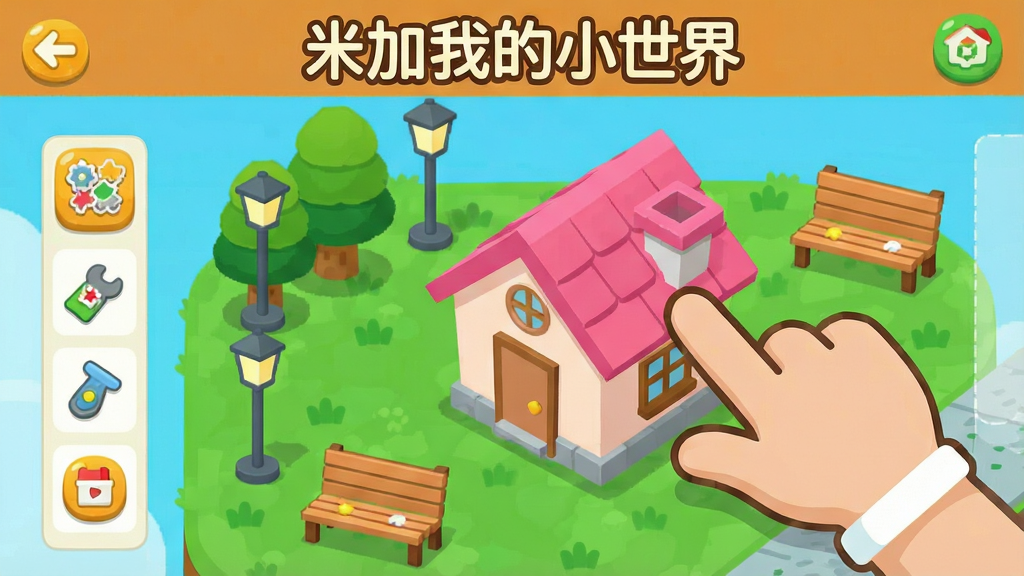 一张展示手机游戏建造界面的插画,画面中一只卡通手正在拖拽一栋粉色屋顶的小房子放置到绿色草地上,周围散落着树木、路灯、长椅等装饰物图标,屏幕上方显示“米加我的小世界”游戏标题,布局为左侧工具栏右侧建造区,风格为明亮活泼的扁平化UI插画风,细节清晰,画质干净,无多余元素