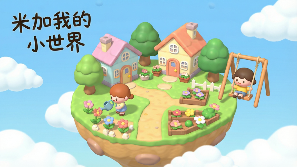 一幅温馨可爱的卡通风格游戏场景插画,画面中央是一座漂浮在蓝天白云间的迷你小岛,岛上分布着色彩柔和的房屋、绿树、花园和一条蜿蜒的小路,几个圆润可爱的卡通角色正在岛上活动,有的在浇花,有的在荡秋千,画面左上角用手写体标注文字“米加我的小世界”,整体布局采用居中构图,风格为清新治愈的Q版卡通风,细节丰富,色彩明亮温暖,画质高清,干净清爽,无多余元素