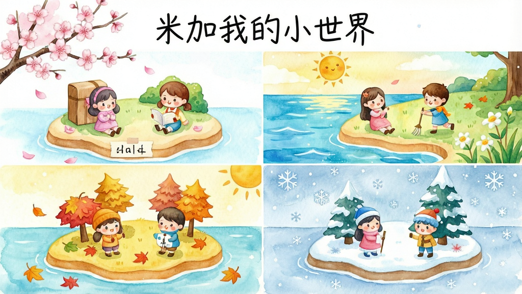 一幅展示四季主题岛屿的拼贴插画,画面分为四个区域分别呈现春樱、夏海、秋叶、冬雪场景,每个区域都有对应季节的装饰物与角色活动,画面顶部中央用手写体标注“米加我的小世界”,风格为清新水彩卡通风,布局为四宫格拼接,细节精致,画质柔和,干净整洁,无多余元素