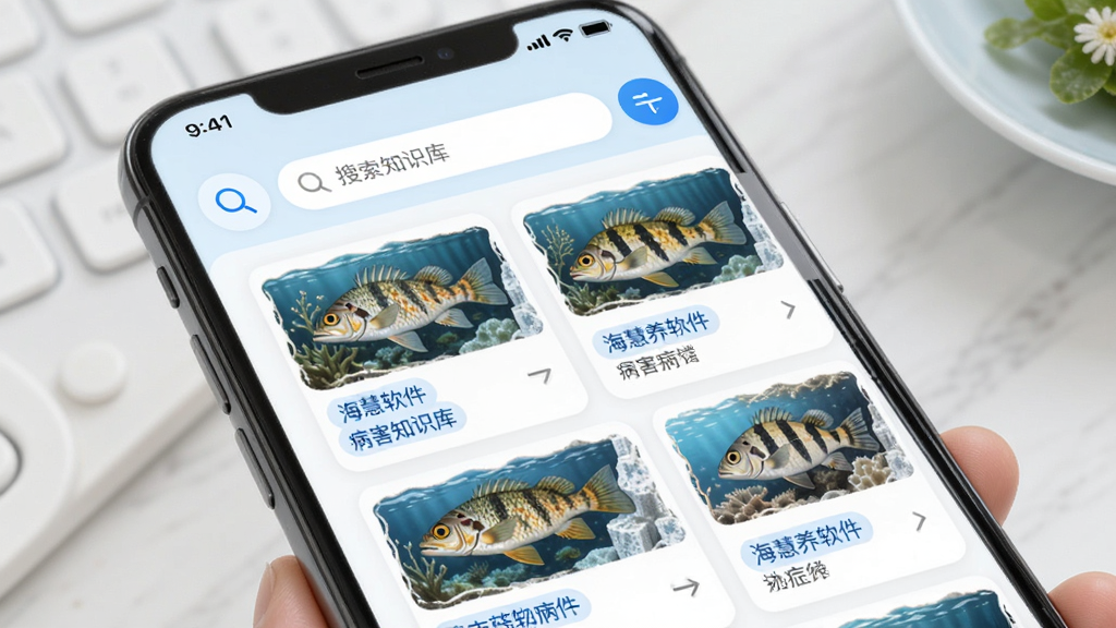 主体为海慧养软件的病害知识库界面,布局为手机屏幕展示搜索框和病症卡片列表,排版为上方搜索下方卡片流,风格为清新浅色医疗风,细节包含放大镜图标、鱼类病症示意图和蓝色标签分类,画质高清干净无多余元素