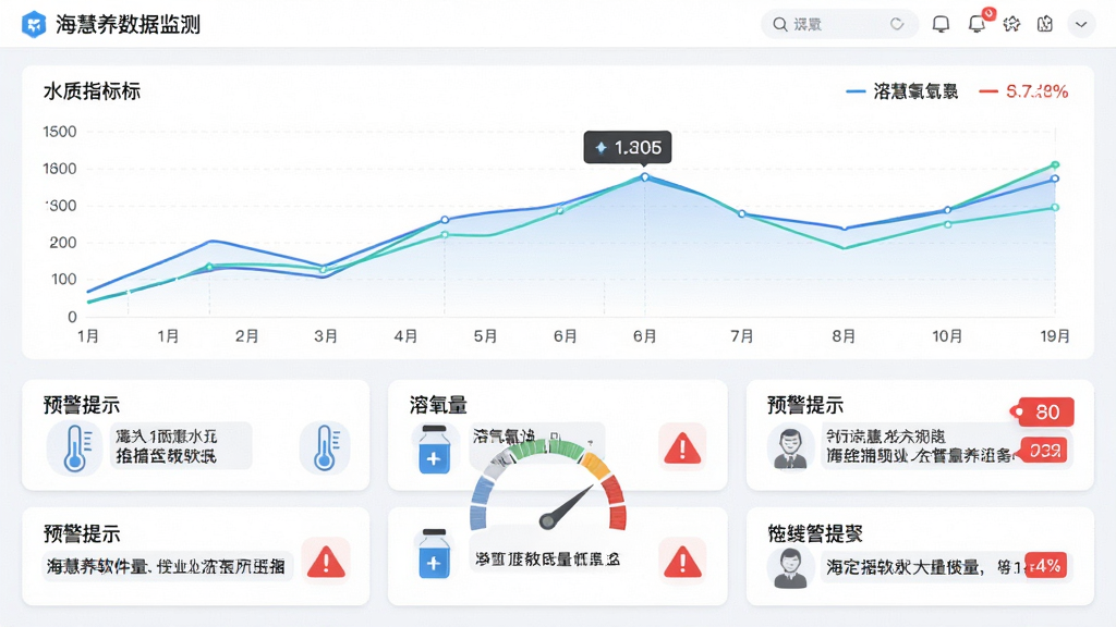 主体为海慧养软件的数据监测界面,布局采用上下分栏结构,上方为水质指标折线图,下方为预警提示卡片列表,排版整齐有序,风格为清爽浅色系科技风,细节包含温度计图标、溶氧量仪表盘和红色预警标签,画质高清干净无多余元素