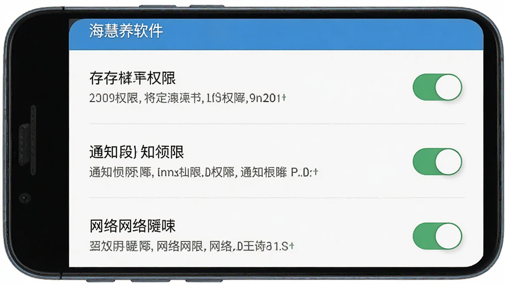 主体为海慧养软件在安卓手机上的安装权限设置界面,布局为手机屏幕展示设置选项列表,排版为上下排列的开关按钮和权限说明,风格为扁平化系统设置风,细节包含存储权限、通知权限和网络权限的开关状态,画质高清干净无多余元素