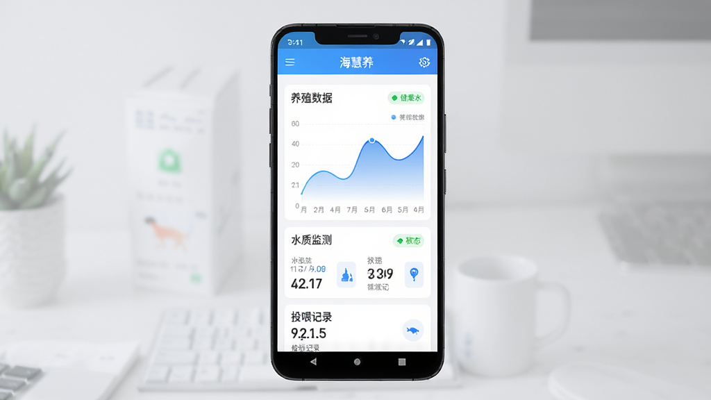 主体为一部安卓手机屏幕展示海慧养软件主界面,界面中包含养殖数据图表、水质监测指标和投喂记录卡片,布局为手机正面竖屏展示居中,排版简洁清晰,风格为现代科技感扁平化设计,细节包含蓝色渐变数据曲线、绿色健康状态标识和白色卡片式模块,画质高清干净无多余元素