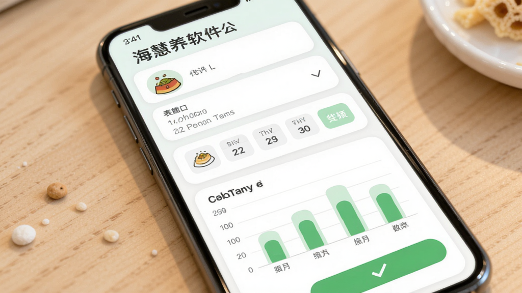 主体为海慧养软件的投喂记录页面,布局为手机屏幕展示表单填写界面和统计柱状图,排版为上方表单下方图表,风格为柔和圆角卡片设计,细节包含饲料图标、日历选择器和绿色确认按钮,画质高清干净无多余元素