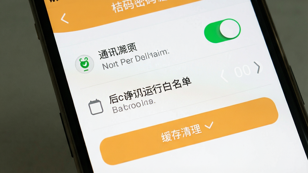一张手机屏幕截图,画面展示桔子密码的设置页面,包含通知权限开关、后台运行白名单选项和缓存清理按钮,界面以白色和浅橙色为主,风格简洁实用,细节展示开关状态与文字说明,画质清晰干净,无多余元素