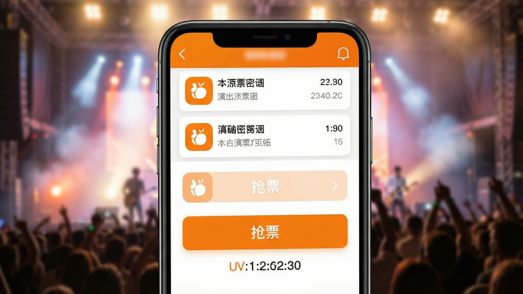 一张手机屏幕特写,画面中央是桔子密码应用的主界面,界面以橙色和白色为主色调,顶部显示演出票务列表,下方有抢票按钮和倒计时提示,背景是模糊的演唱会现场灯光,风格为现代扁平化UI设计,细节清晰展示图标与文字排版,画质干净明亮,无多余元素