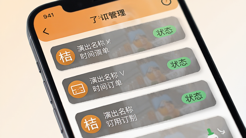 一张手机应用界面展示图,画面中是桔子密码的订单管理页面,列表显示多条演出订单记录,每条记录包含演出名称、时间和状态标签,界面采用卡片式布局,背景为浅色渐变,风格清新简约,细节展示图标与文字对齐,画质干净清晰,无多余元素