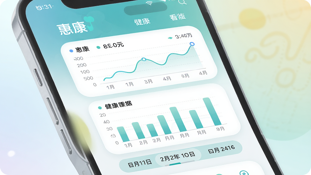 一张AI生成的插图,画面主体是一部手机,屏幕上显示“惠康”应用的健康数据看板,包含折线图和柱状图,图表下方有日期切换按钮,布局为上下结构,风格为清新浅色系,细节包括柔和的渐变背景、圆角图表卡片和简洁的数值标注,画质高清,画面干净,无多余元素