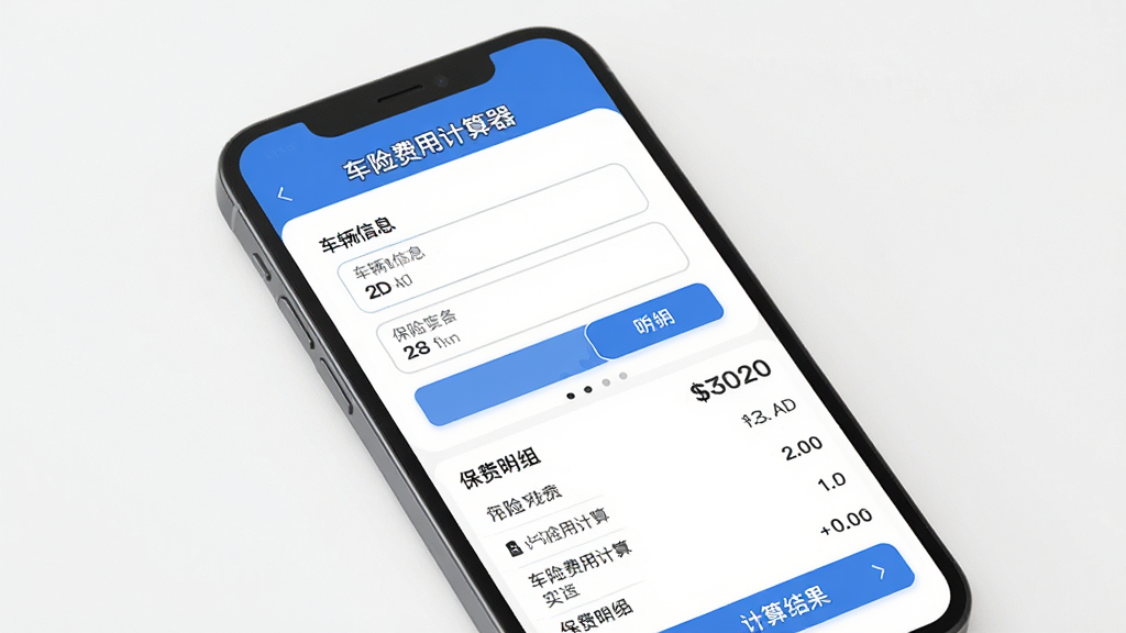 一款名为车险费用计算器的手机应用界面展示图,主体为一部竖屏智能手机,屏幕中呈现简洁明了的车险费用录入表单和计算结果数字,布局采用上下结构,上方为车辆信息输入区域,下方为保费明细列表,排版整齐留白充分,风格为现代扁平化科技风,细节包括蓝色主色调按钮、圆角输入框、清晰的数字字体,画质高清干净无多余元素