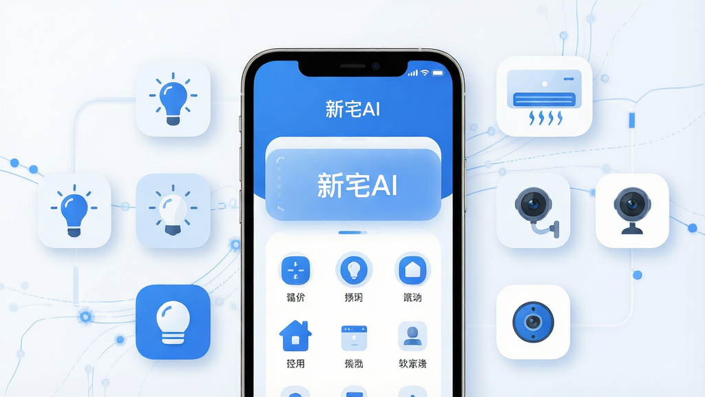 一张展示新宅AI软件界面的概念图,主体为一部智能手机屏幕显示智能家居控制面板,布局为居中构图,手机周围环绕着灯光、空调、摄像头等小图标,排版简洁清晰,风格为现代科技感扁平化设计,细节包括蓝色与白色为主色调、圆角图标、柔和阴影,画质高清,画面干净,无多余元素,屏幕中显示文字“新宅AI”。