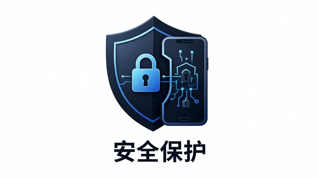 一张展示新宅AI安全与隐私保护功能的生图,主体为盾牌与手机组合图标,布局为居中构图,排版简洁,风格为深色科技感,细节包括锁形图标、加密线条、设备轮廓、文字“安全保护”,画质高清,画面干净,无多余元素。