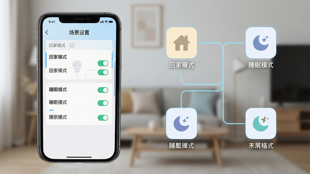 一张展示新宅AI智能场景联动功能的生图,主体为手机屏幕显示场景设置界面,布局为左侧手机、右侧场景图标流程图,排版采用左右分栏,风格为清新浅色科技风,细节包括“回家模式”“睡眠模式”等文字标签、连接线、开关图标,画质高清,画面干净,无多余元素。