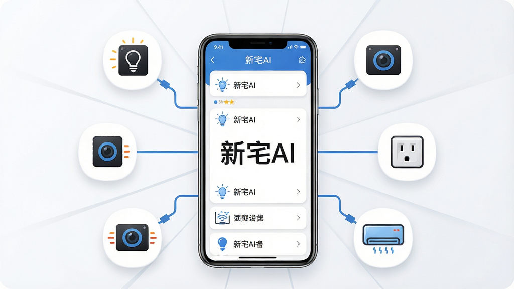 一张展示新宅AI多品牌设备兼容特性的生图,主体为手机屏幕显示设备列表,布局为居中手机与周围不同品牌设备图标环绕,排版呈放射状,风格为简约商务风,细节包括灯泡、摄像头、插座、空调等图标、连接线、品牌标识,画质高清,画面干净,无多余元素,屏幕中显示文字“新宅AI”。