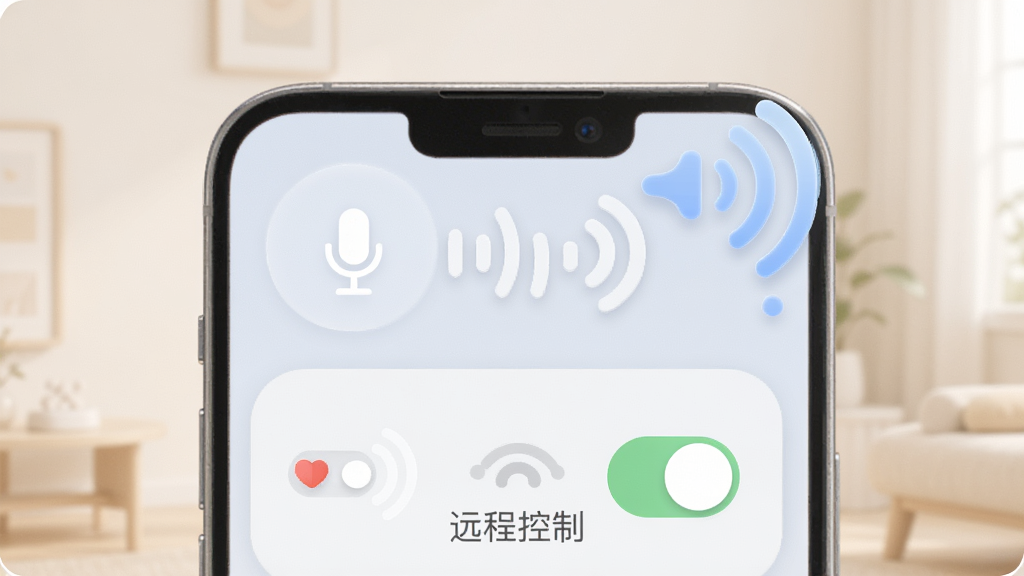一张展示新宅AI语音与远程控制功能的生图,主体为手机屏幕显示远程控制界面,布局为手机与语音波纹图标组合,排版为上下结构,风格为柔和圆角设计,细节包括麦克风图标、信号波纹、设备开关状态、文字“远程控制”,画质高清,画面干净,无多余元素。