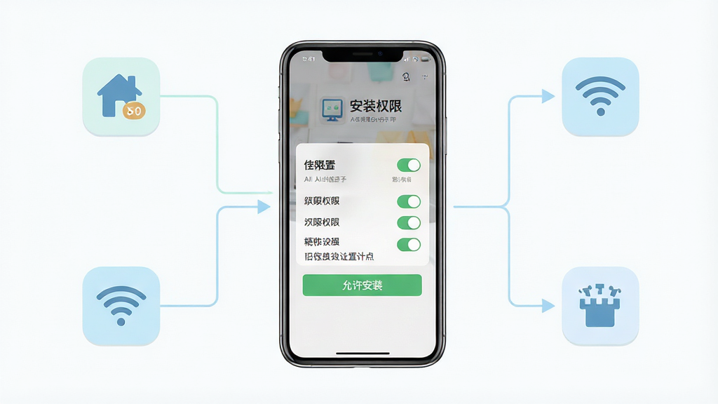 一张展示新宅AI新手安装与设置流程的生图,主体为手机屏幕显示安装权限设置界面,布局为居中手机与周围步骤图标,排版为流程图样式,风格为清新浅色扁平化,细节包括开关按钮、权限列表、Wi-Fi图标、文字“允许安装”,画质高清,画面干净,无多余元素。