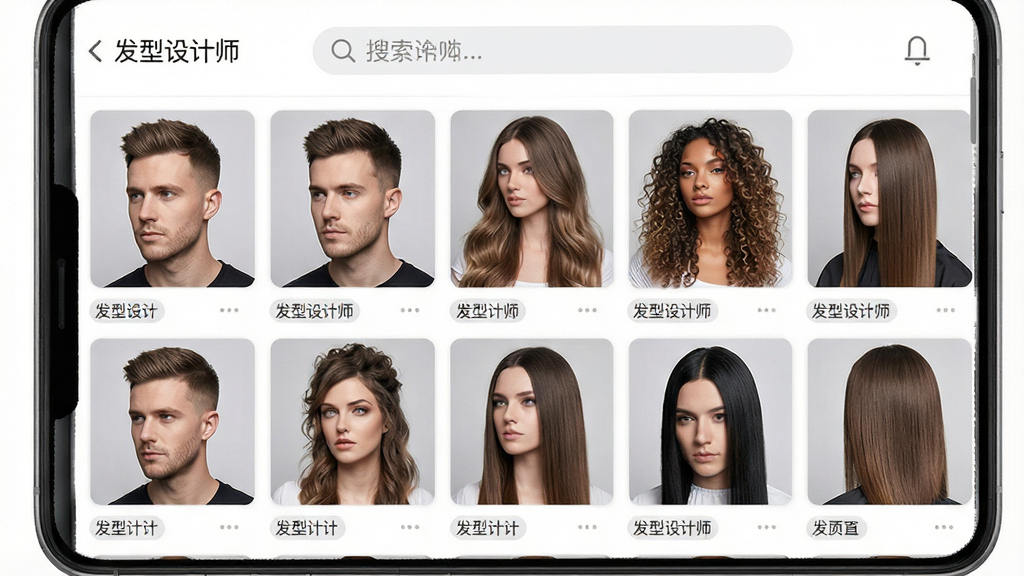 一张展示发型设计师软件发型库界面的图片,画面主体为手机屏幕上的瀑布流发型缩略图列表,包含男士短发、女士长发、卷发、直发等多种发型预览图,布局采用网格排列,风格为清爽的移动端应用界面,细节包括每个发型缩略图的真人模特展示、分类标签的清晰可见、顶部搜索栏的简约设计,画质为高清UI截图风格,干净无多余元素,图片中带有文字