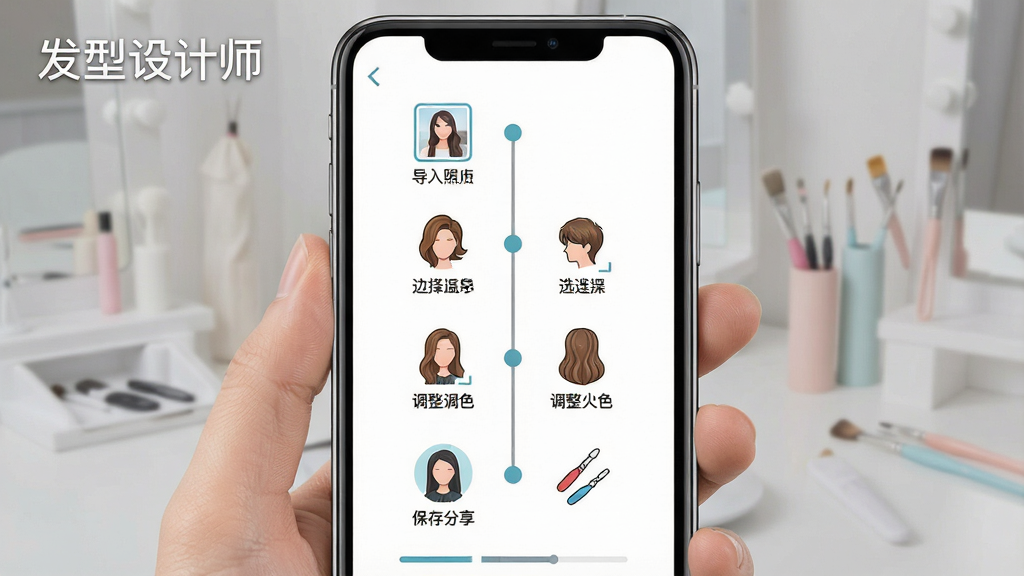 一张展示发型设计师软件新手操作步骤的图片,画面主体为手机屏幕上的分步引导界面,包含导入照片、选择发型、调整发色、保存分享四个步骤的图标和文字说明,布局采用纵向时间轴排列,风格为简洁明快的移动端引导页,细节包括每一步的图标设计、文字说明的清晰排版、进度指示器的视觉反馈,画质为高清UI展示图,干净无多余元素,图片中带有文字