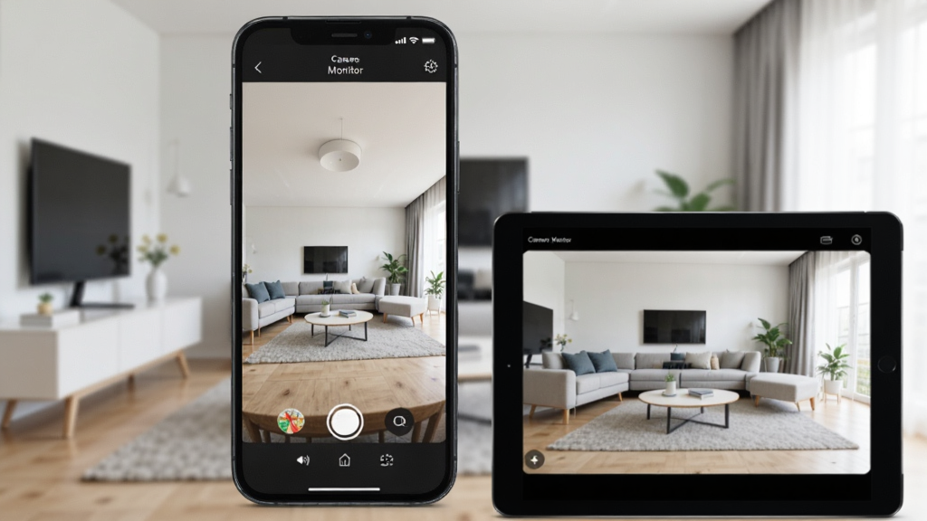 一张展示 Camera Monitor 软件界面的预览图。画面中央是一部智能手机作为摄像头端,屏幕上显示着实时拍摄的客厅画面;旁边是一台平板电脑作为观看端,屏幕上同样显示着相同的监控画面。背景是简洁的现代家居环境。整体风格为科技感与生活化结合,色彩明亮清晰,细节丰富,画质高清,干净无多余元素。
