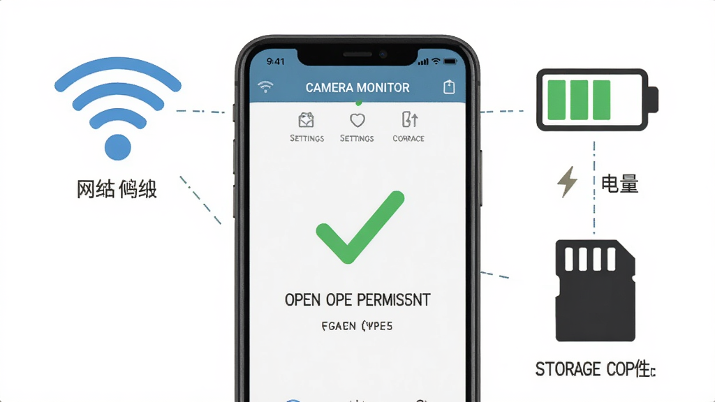 一张展示 Camera Monitor 使用技巧的示意图。画面中央是一部手机,屏幕上显示着 Camera Monitor 的设置界面,旁边有勾选标记表示已开启权限;手机周围环绕着 Wi-Fi 信号图标、电池图标和存储卡图标,分别代表网络、电量和存储优化。整体风格为扁平化信息图,色彩清晰,布局有条理,细节明确,画质高清,干净无多余元素。