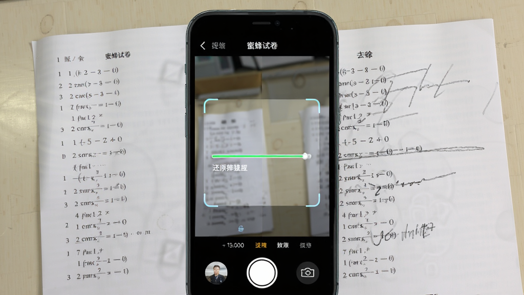 手机拍摄一张写满答案的数学试卷,屏幕上显示
