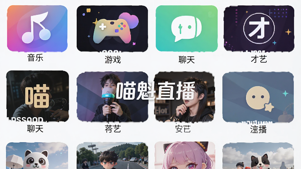 画面主体是一个直播分类界面,屏幕上排列着音乐、游戏、聊天、才艺等不同频道的图标和封面图,布局为网格状排列,风格为扁平化设计风格,细节包括每个频道图标下的文字标签,画质为高清干净无多余元素,图片中文字标注“喵魁直播”。