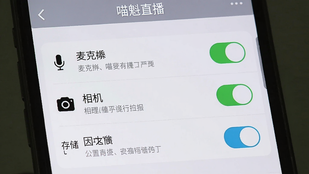 画面主体是一部手机屏幕显示喵魁直播的权限设置页面,页面中有麦克风、相机、存储等权限开关,布局为手机竖屏居中,风格为简洁设置界面截图风格,细节包括每个权限项旁的说明文字,画质为高清干净无多余元素,图片中文字标注“喵魁直播”。