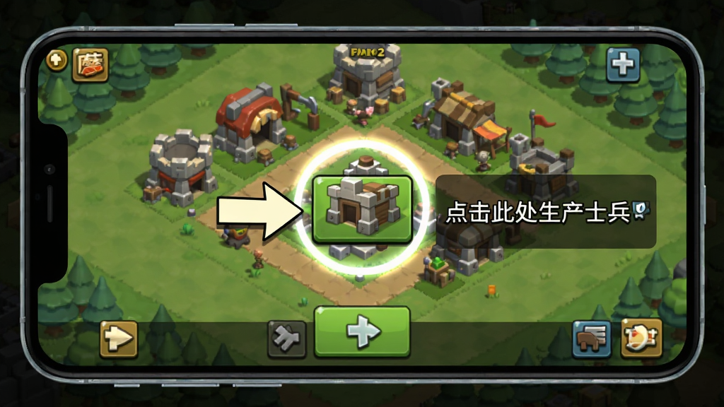 蘑菇战争2新手引导界面,画面展示手机屏幕中游戏教程箭头指向兵营按钮,旁边有文字提示“点击此处生产士兵”,背景是游戏主城场景,风格为扁平化卡通,布局采用手机外框展示,细节包括教程高亮光圈和按钮图标,画质高清,干净无多余元素