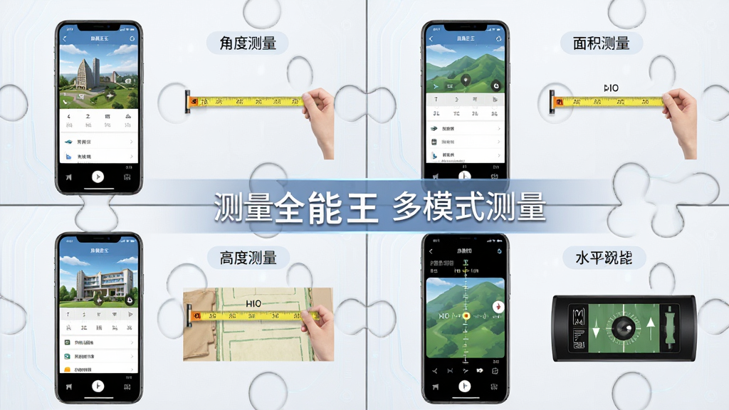 一张展示测量全能王多种测量模式界面的拼图,画面分为四个区域,分别展示角度测量、面积测量、高度测量和水平仪功能,每个区域都有对应的手机界面截图和测量示意,整体排版整齐,风格统一为浅色科技风,画面中标注中文“测量全能王多模式测量”,高分辨率,无杂乱元素
