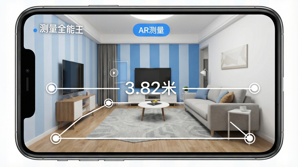 一张展示测量全能王AR实景测量功能的手机操作界面图,手机屏幕中显示客厅场景,地面和墙面叠加有虚拟的白色测量线,起点和终点有圆形标记点,屏幕中央显示测量结果为“3.82米”,屏幕上方有“AR测量”标签,界面风格清爽,以白色和蓝色为主色调,画面中文字为中文“测量全能王”,画质清晰,干净整洁