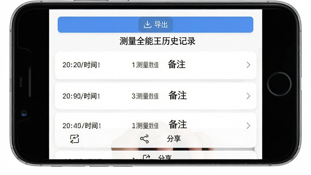 一张展示测量全能王历史记录与数据导出功能的手机界面图,屏幕中显示一个列表,每条记录包含测量时间、测量数值和备注文字,列表顶部有“导出”按钮,底部有“分享”图标,背景为白色卡片式设计,文字为中文“测量全能王历史记录”,画面简洁清晰,无多余装饰