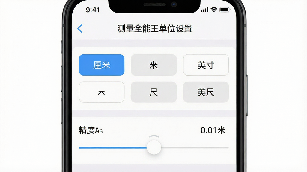 一张展示测量全能王单位切换与精度设置界面的手机截图,屏幕中显示一个设置面板,包含厘米、米、英寸、英尺等选项按钮,下方有精度调节滑块,滑块旁边显示“0.01米”字样,界面风格简洁,以白色和浅灰色为主,文字为中文“测量全能王单位设置”,画面干净,高清晰度