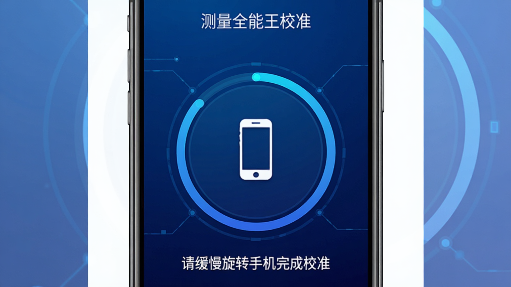 一张展示测量全能王校准操作的手机界面图,屏幕中显示一个圆形校准进度条,中央有手机图标,下方有文字提示“请缓慢旋转手机完成校准”,背景为深蓝色渐变,界面风格科技感强,文字为中文“测量全能王校准”,画面简洁,无多余元素