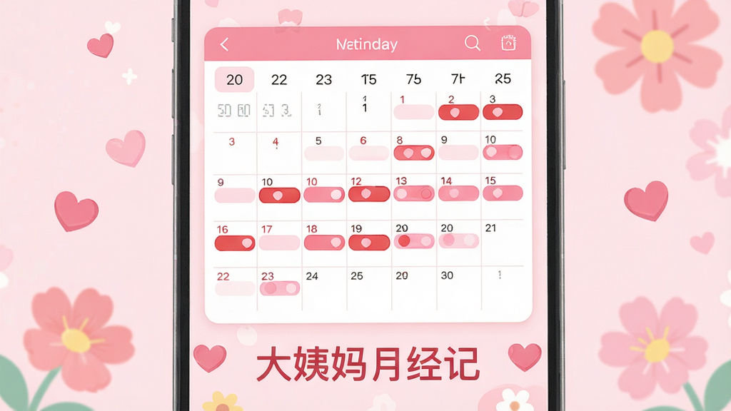 大姨妈月经记软件主界面展示,粉色系女性健康主题,中央为简洁的日历视图,日历上标注了红色和粉色的经期标记,下方显示