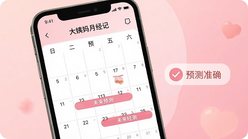 大姨妈月经记智能预测功能界面,手机屏幕中显示日历,日历上用粉色高亮标注未来预测经期,旁边有