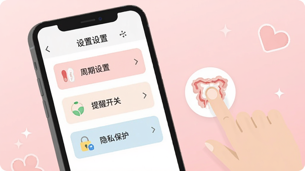 大姨妈月经记使用教程示意图,手机屏幕显示设置界面,包含