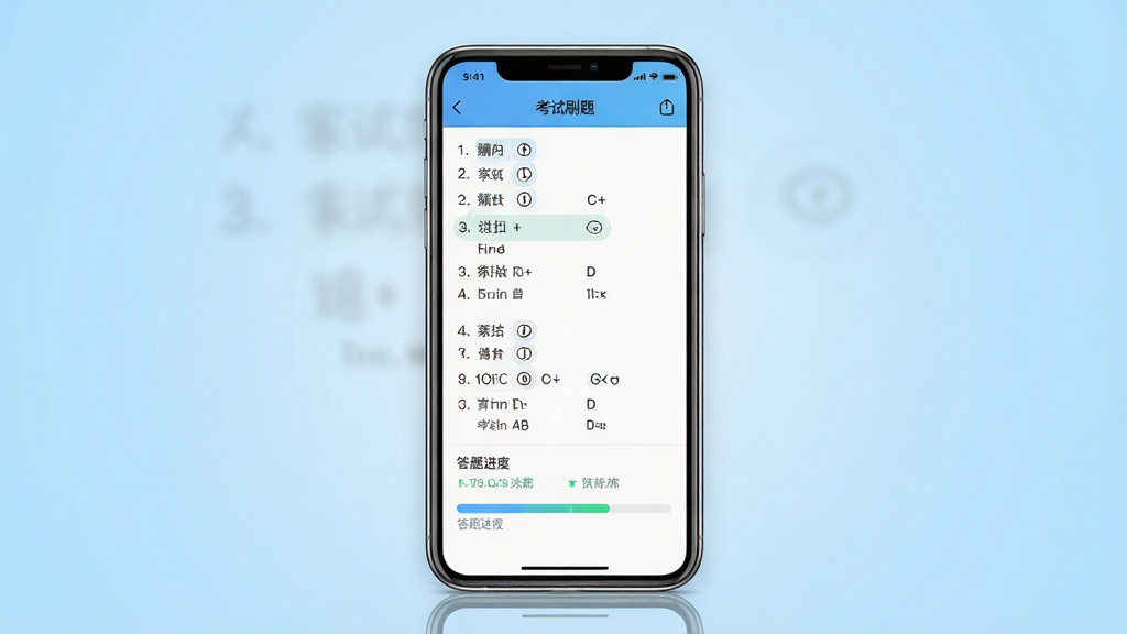 一张手机屏幕展示考试刷题应用的界面截图,画面中央是手机竖屏,屏幕上显示选择题和答题进度条,背景为浅蓝色渐变,风格简洁现代,细节清晰,画质干净无多余元素