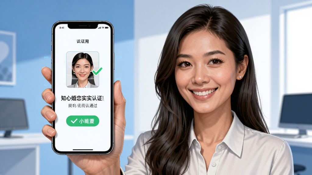 一位女性用户手持手机进行人脸识别认证,手机屏幕显示知心婚恋实名认证通过界面;背景为简洁的蓝白色调办公环境;风格为写实科技插画;细节突出认证成功对勾图标与用户微笑表情;画质高清,干净无多余元素