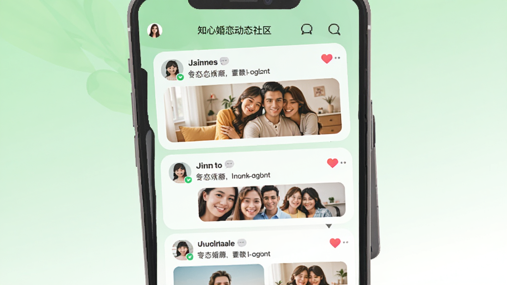手机屏幕显示知心婚恋动态社区页面,多位用户发布的照片和文字动态以瀑布流形式排列;背景为清新的浅绿色与白色渐变;风格为扁平化社交应用界面插画;细节突出点赞爱心图标和评论气泡;画质清晰,干净无多余元素
