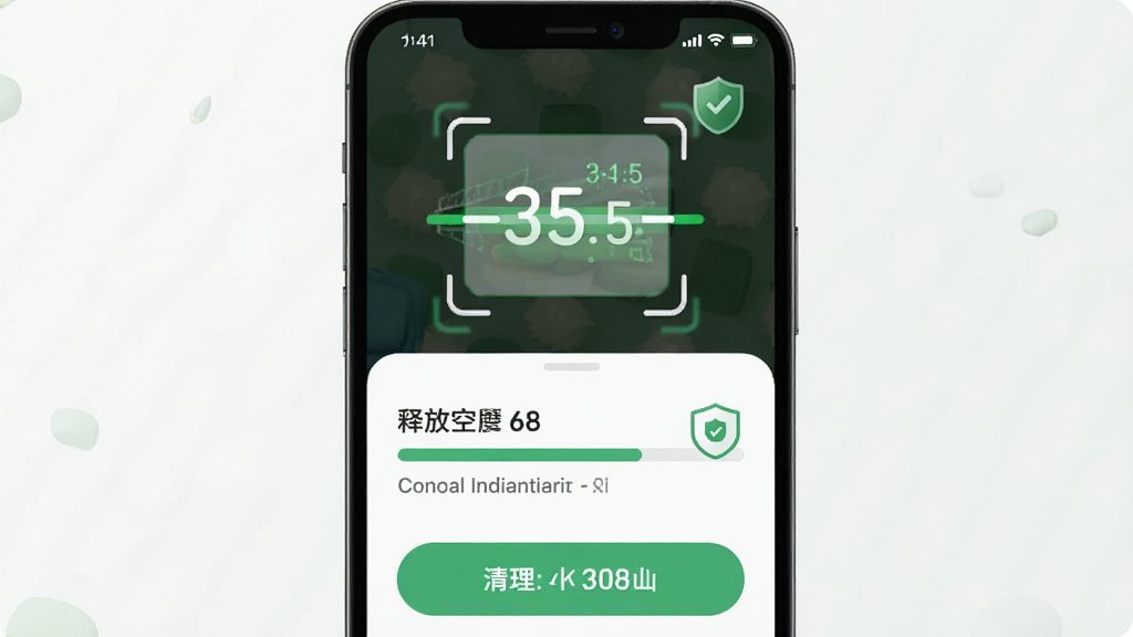 一张展示“小仙收纳盒”一键清理加速功能的图片,主体是手机屏幕显示清理进度条和释放空间数值,布局采用上下结构,上方为扫描动画,下方为清理按钮和释放数据,风格为简约现代设计,细节包括绿色环保色调、盾牌安全图标、数字跳动效果,画质清晰,干净,无多余元素