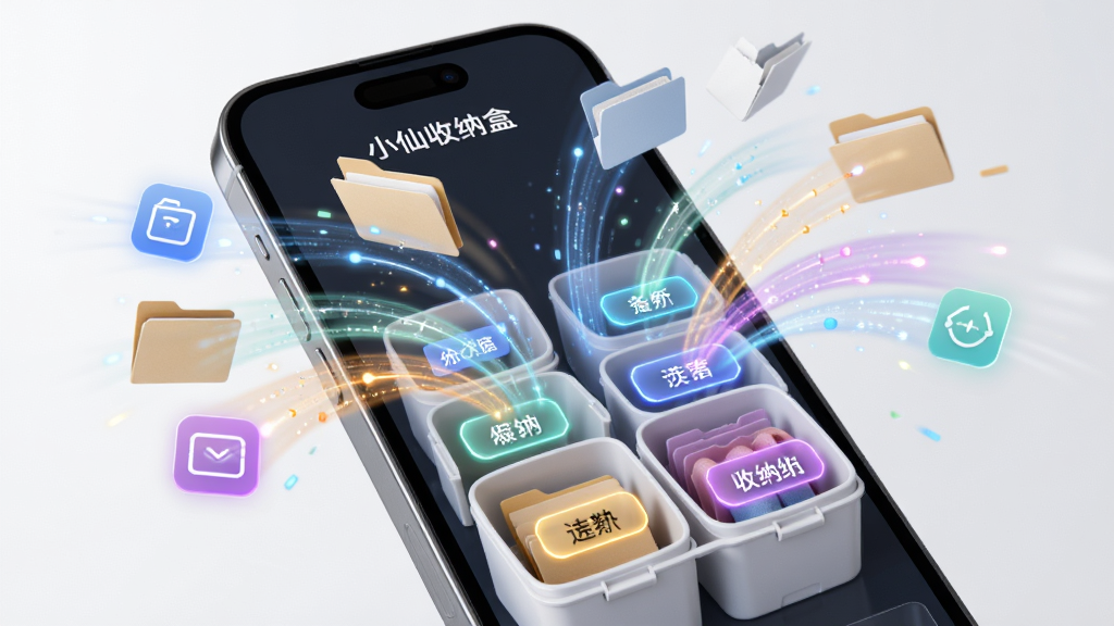 一个展示“小仙收纳盒”智能分类功能的场景图,主体是手机屏幕特写,屏幕上显示文件从四面八方飞入不同颜色标签的收纳盒中,布局采用动态流线型排版,风格为科技感轻量化设计,细节包括发光的分类标签、流畅的动画轨迹、清晰的图标,画质锐利,干净,无多余元素