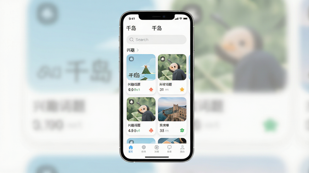 一幅竖版手机应用界面展示图,画面主体是一部现代智能手机,屏幕中显示“千岛”应用首页,包含顶部搜索栏、中部兴趣话题卡片、底部导航栏,布局清晰分层,排版为居中展示手机与界面细节,风格为清爽扁平化UI风格,细节包括柔和的浅色背景、圆角卡片、小图标点缀,画质高清、干净、无多余元素