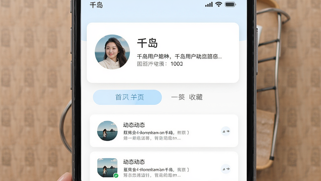 个人主页界面示意图,画面主体是“千岛”用户主页,包含头像、昵称、简介、动态列表和收藏标签页,布局为上下滚动结构,排版简洁,风格为现代移动端设计,细节包括圆形头像、浅色卡片、标签切换按钮,画质高清、干净、无多余元素