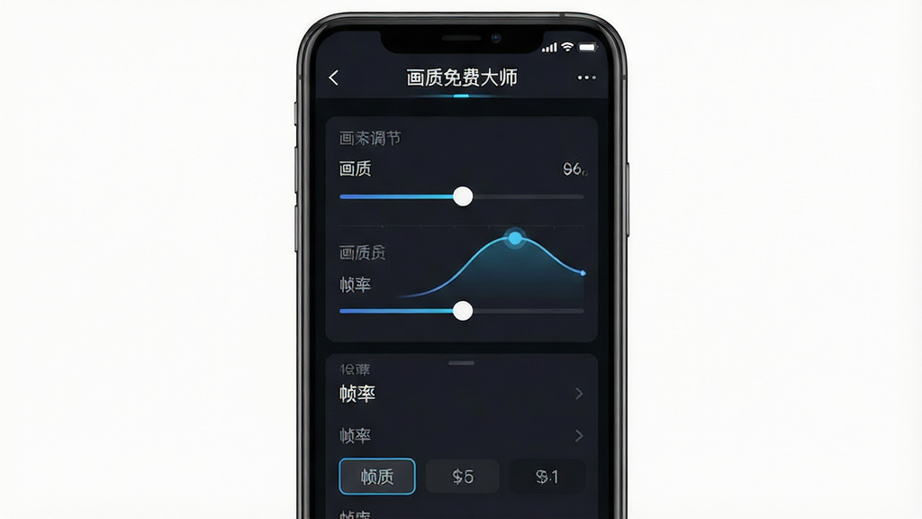 一张展示画质免费大师软件界面的图片,主体为手机屏幕显示画质调节滑块与帧率选项,布局居中,排版简洁,风格为科技感深色主题,细节包含