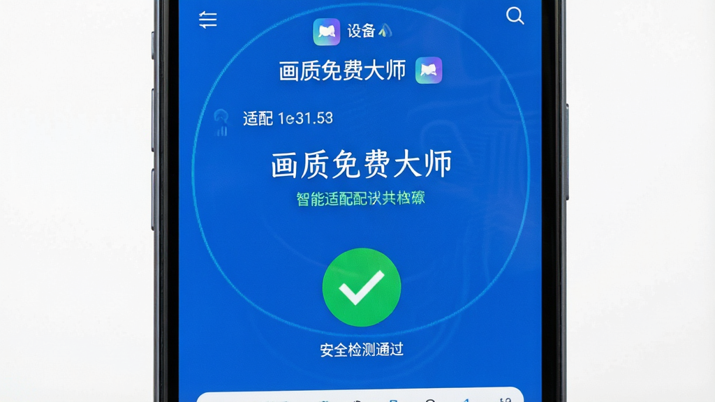一张展示画质免费大师智能适配检测界面的图片,主体为手机屏幕显示设备信息与适配状态,布局居中,排版简洁,风格为科技蓝配色,细节中包含