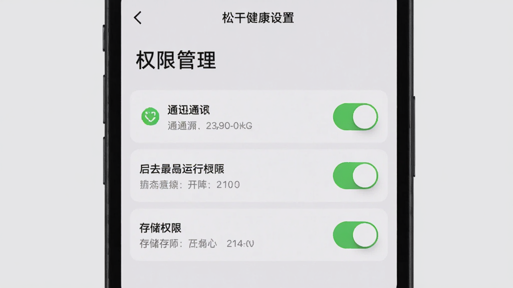 主体为手机屏幕显示松干健康设置界面中的权限管理页面,布局为手机特写,排版居中,风格为简洁实用风,细节包括通知权限、后台运行权限、存储权限的开关按钮,背景为浅灰色,画质清晰,干净,无多余元素