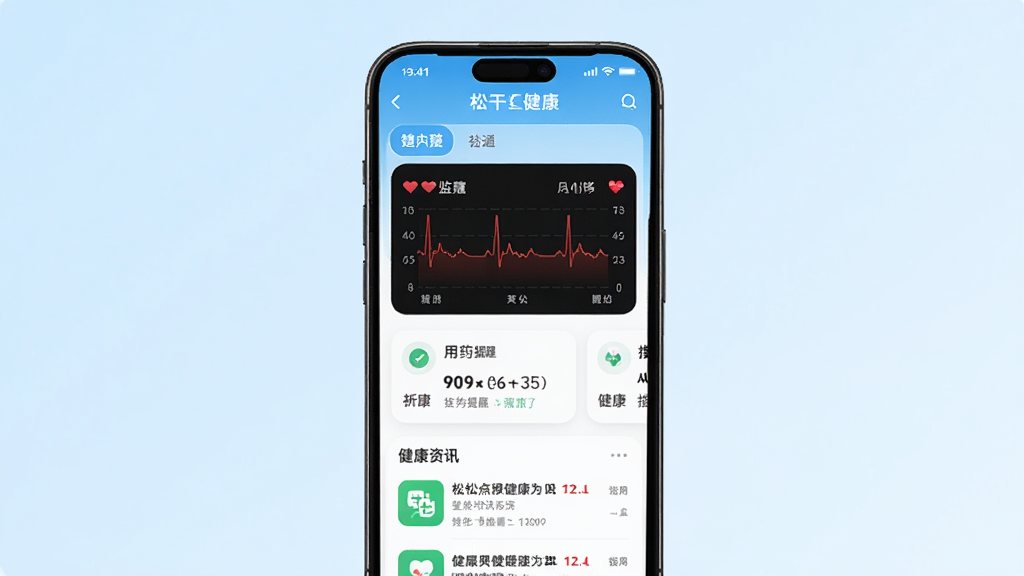 主体为一部智能手机,屏幕上显示松干健康APP的首页界面,布局为手机居中放置于浅蓝色渐变背景中,排版简洁,风格为现代科技健康风,细节包括屏幕内的心率监测图表、用药提醒卡片和健康资讯列表,画质高清,干净,无多余元素