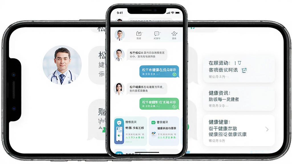 主体为手机屏幕展示松干健康在线问诊界面,布局为手机正面视角,排版居中,风格为医疗专业风,细节包括医生头像、聊天对话框和健康资讯卡片,背景为白色,画质高清,干净,无多余元素